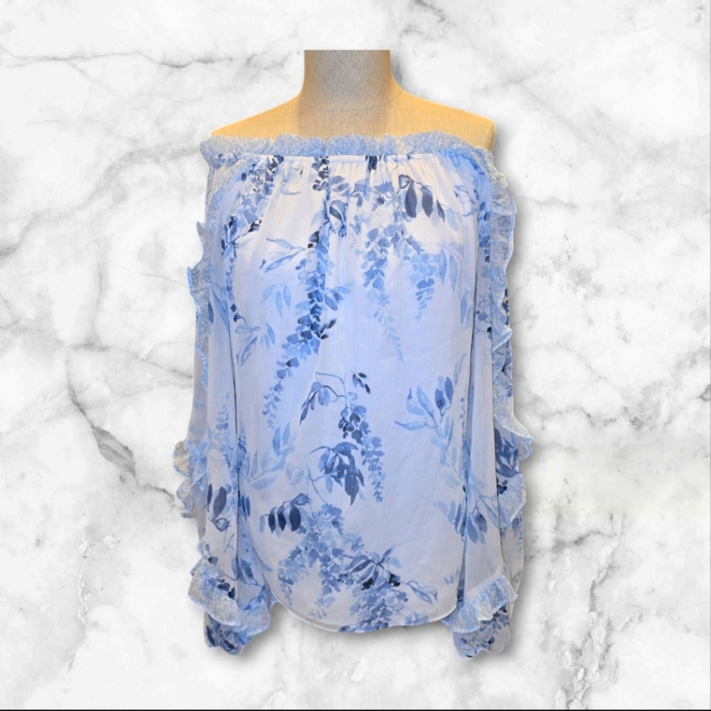 WHBM Long Sleeve Off the Shoulder Ruffle Blouse